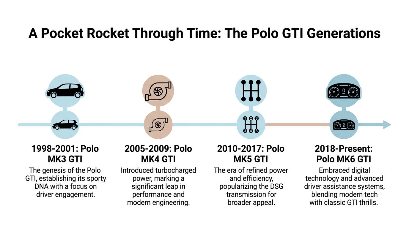 A timeline graphic showing the evolution of Volkswagen Polo GTI generations from 1998 to the present day.