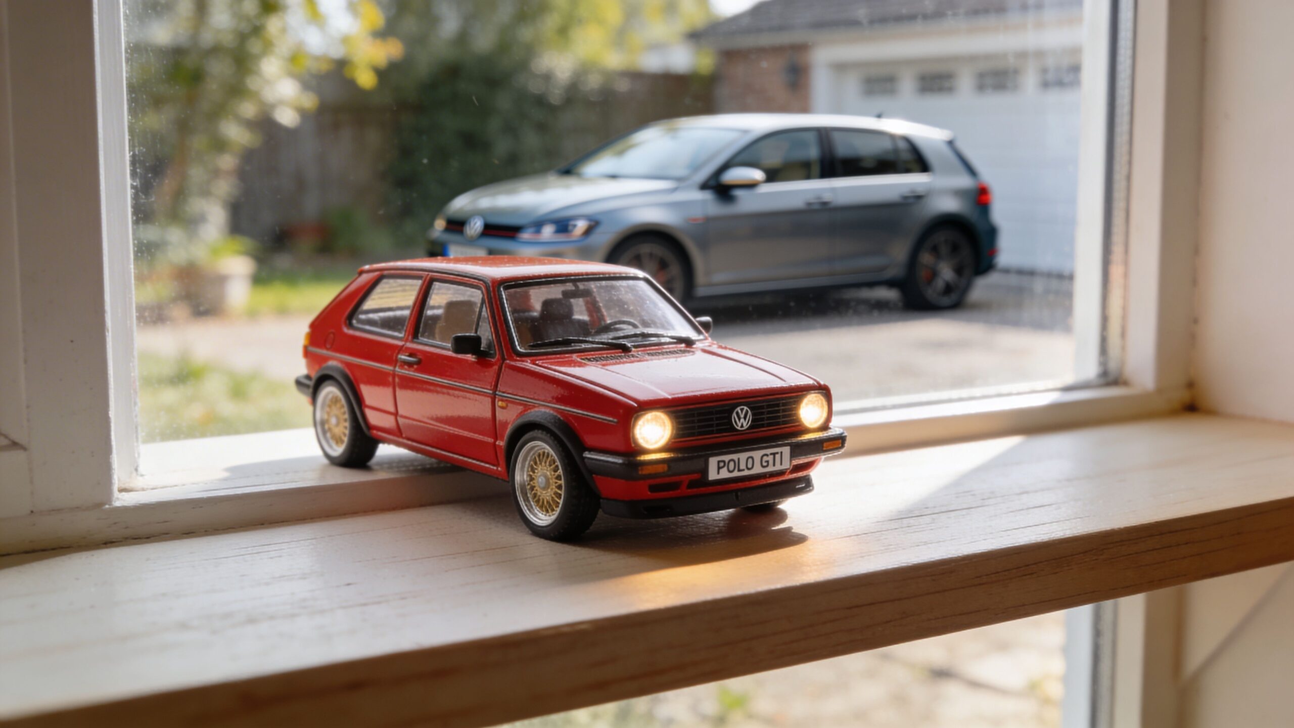 A red miniature Volkswagen Polo GTI model car parked on a white window sill in front of a real car.