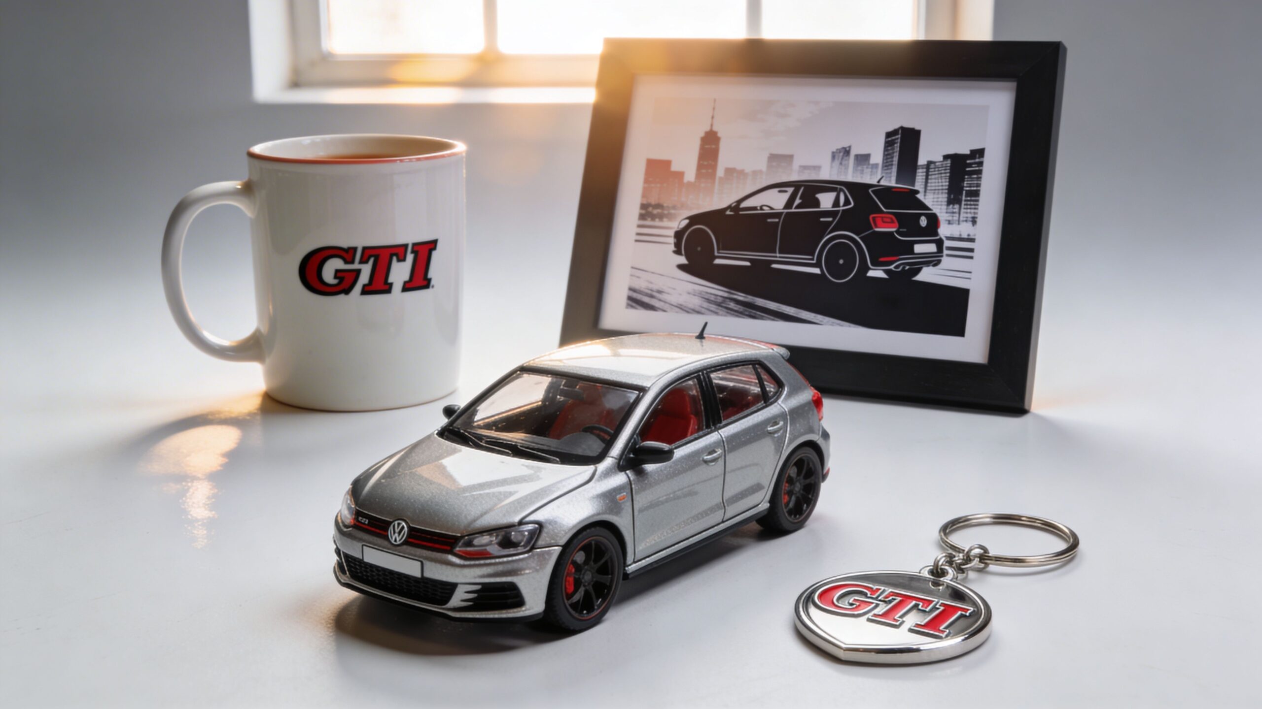 A silver Volkswagen Golf GTI toy car sits next to a GTI mug, a framed print, and a keychain.