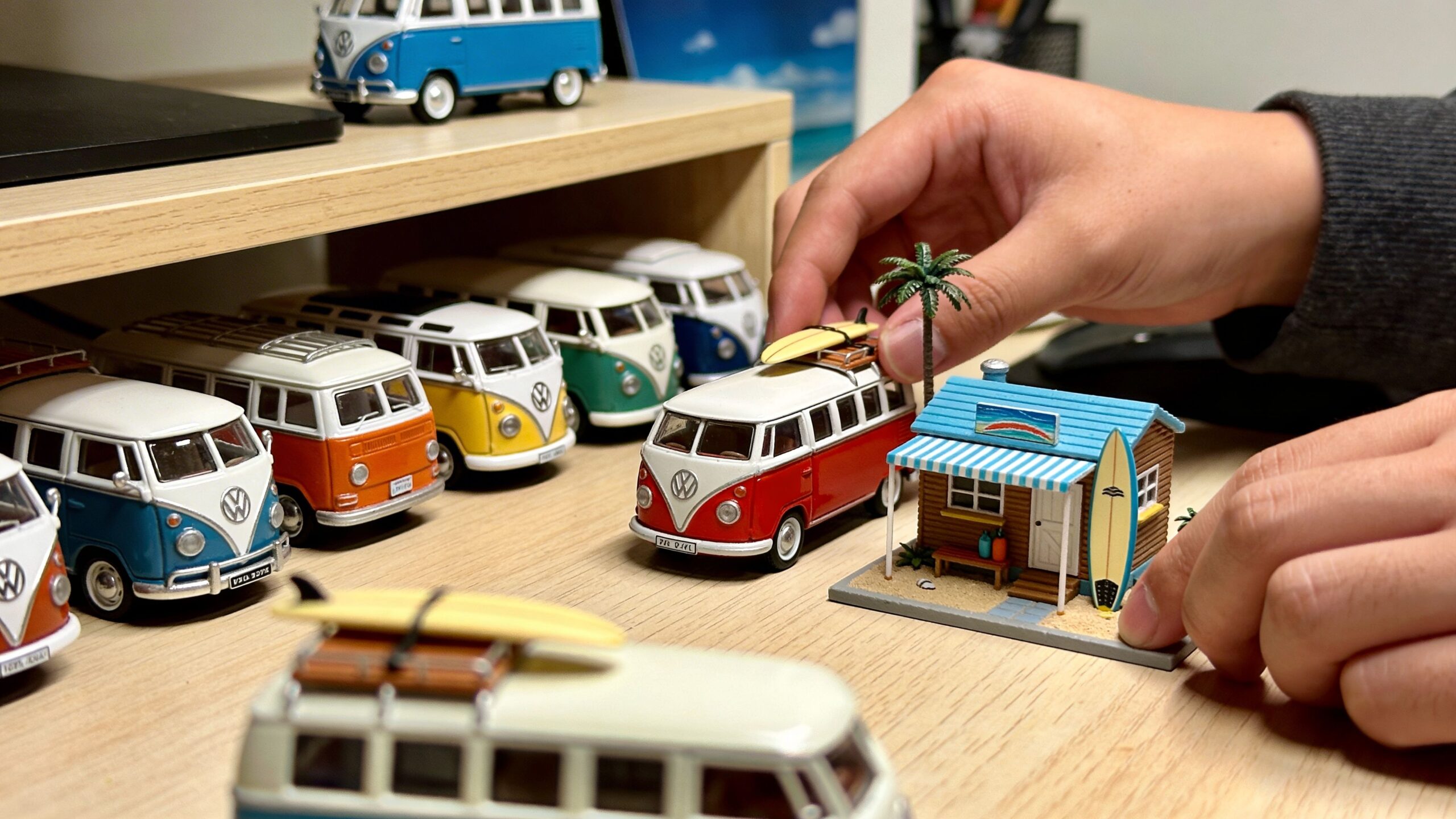 A person adjusting a miniature red Volkswagen camper van next to a tiny beach shack model.