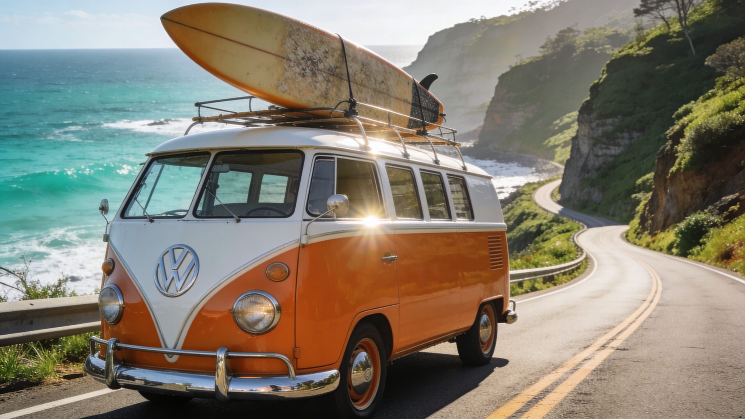 A vintage orange and white VW travel van with a surfboard on top driving along a coastal road.
