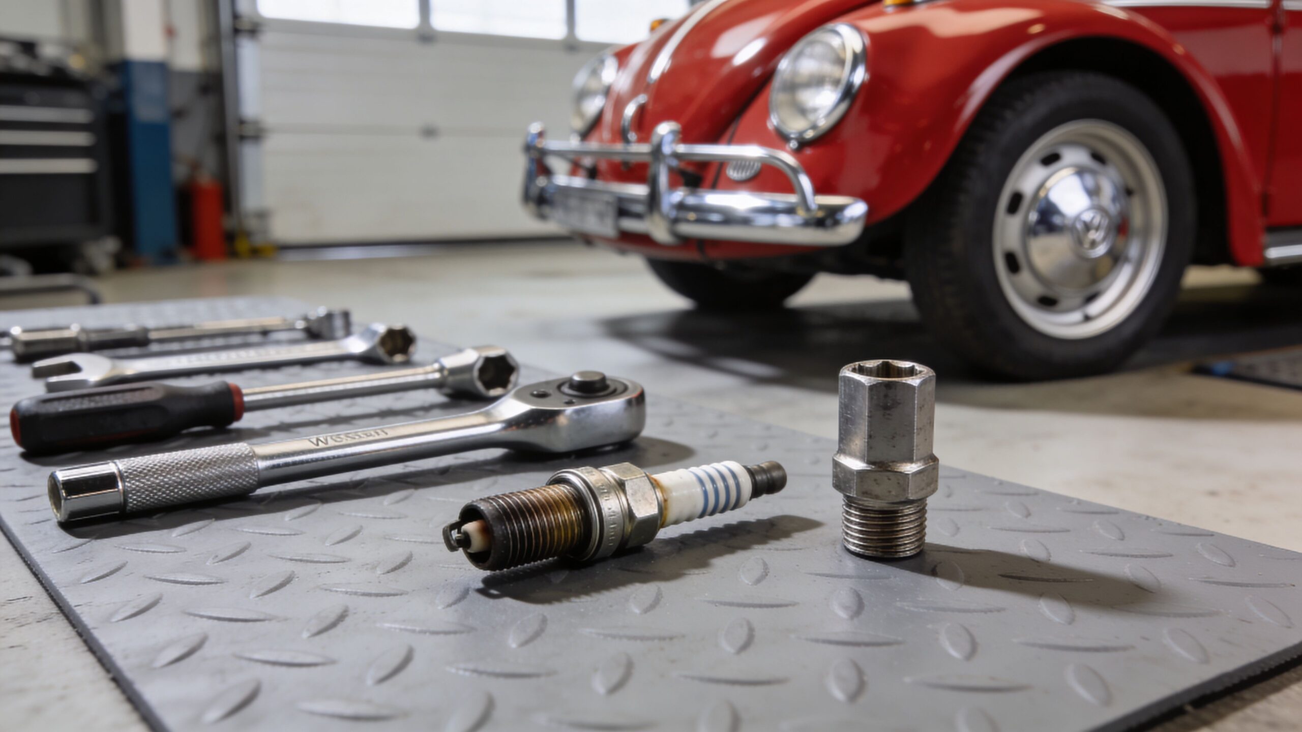 A close-up view of spark plugs and metal tools on a work mat with a red VW Beetle behind.