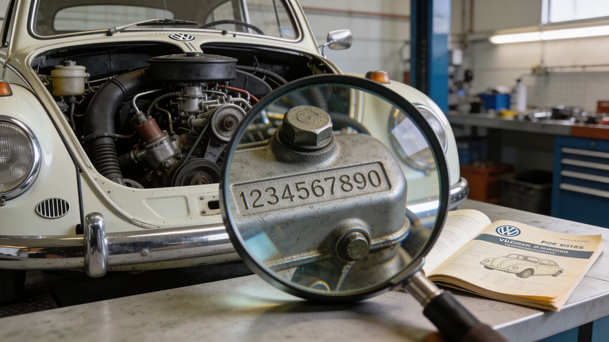 A magnifying glass focusing on a numeric serial code on a vintage Volkswagen Beetle engine part.