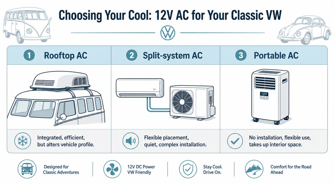 An infographic comparing three types of 12V air conditioning systems for classic Volkswagen vehicles.
