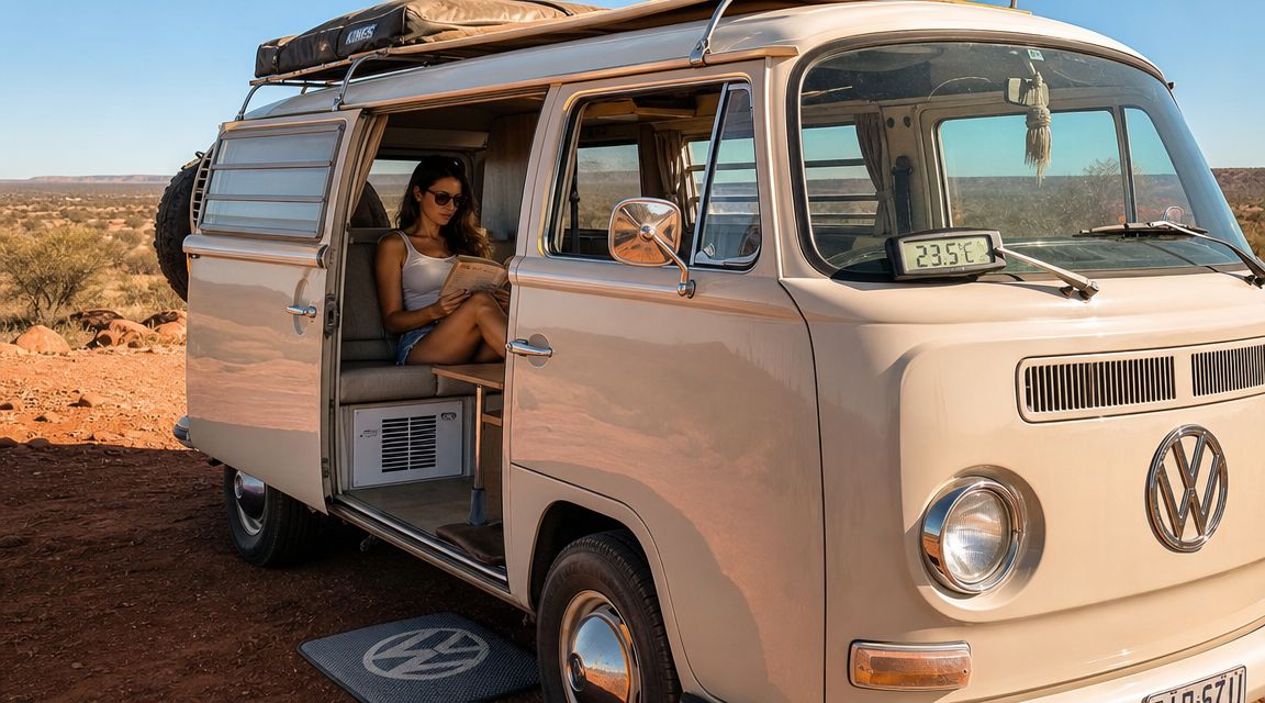 A woman reading a book inside a vintage Volkswagen camper van parked in a sunny desert landscape.
