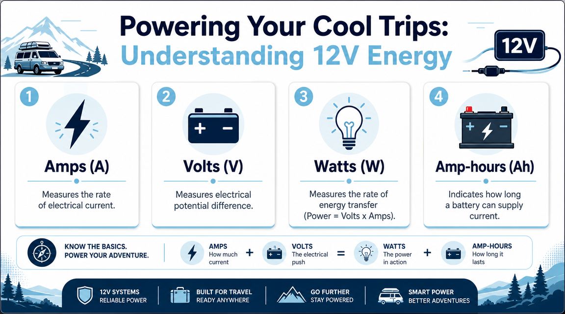 An infographic explaining 12V electrical system basics including amps, volts, watts, and amp-hours for travel vans.