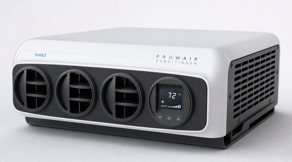 A modern, white 12-volt air conditioner unit for vehicles sits against a clean white background.