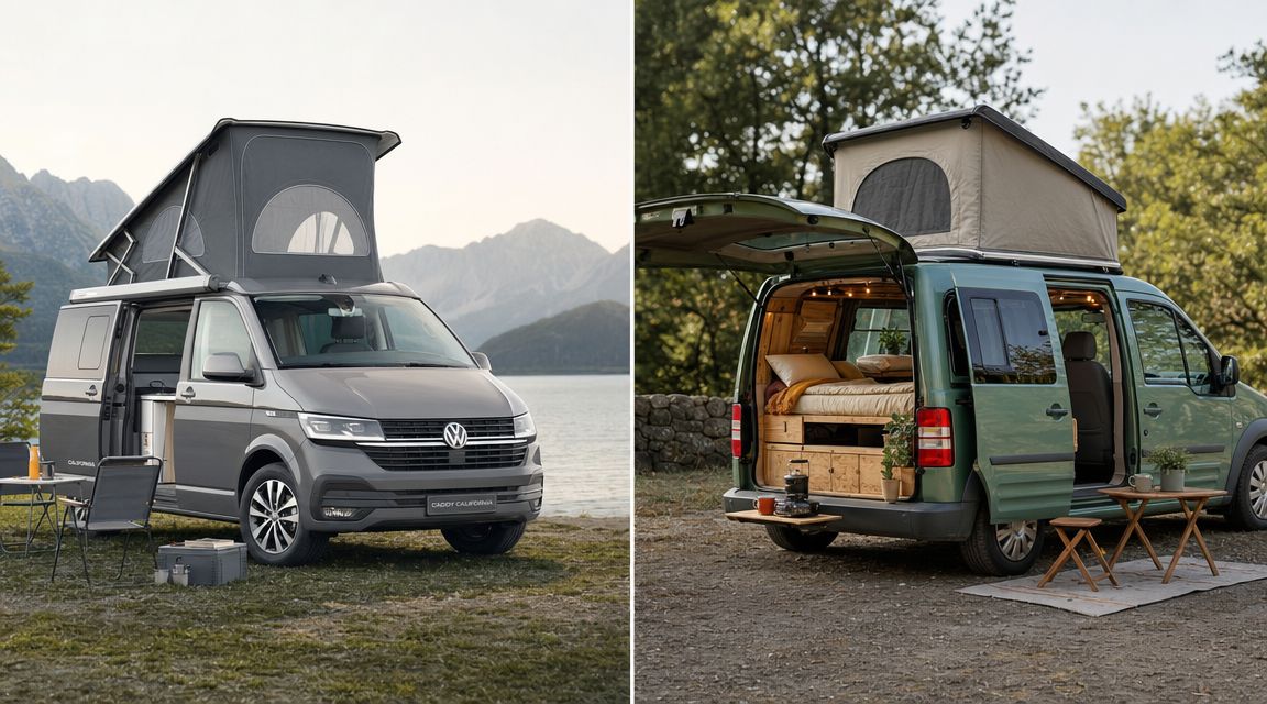 A split view showing a gray Volkswagen Caddy California campervan outdoors and the green version's interior bedroom setup.