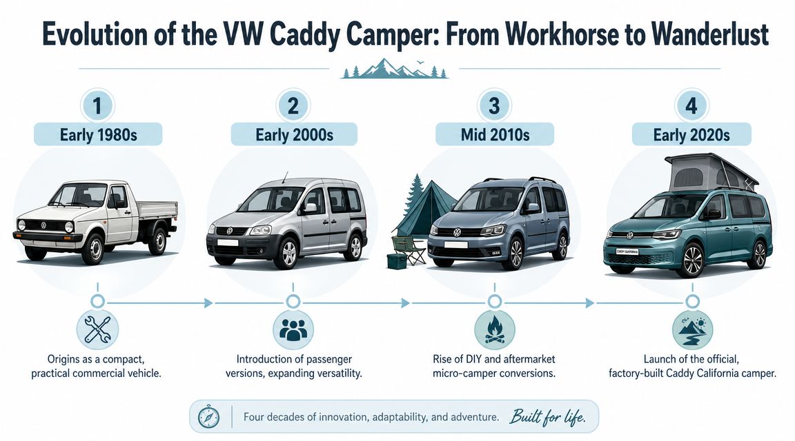 A timeline graphic showing the four-decade evolution of the Volkswagen Caddy van into a camper vehicle.