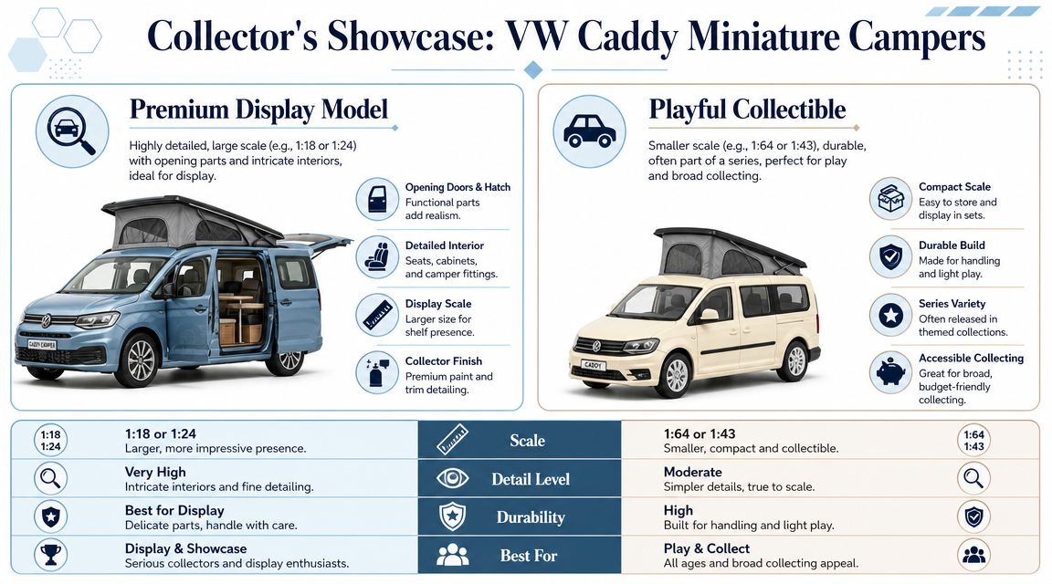 A comparison infographic between large, detailed premium display model Volkswagen Caddy campers and smaller, durable, collectible miniature campers.