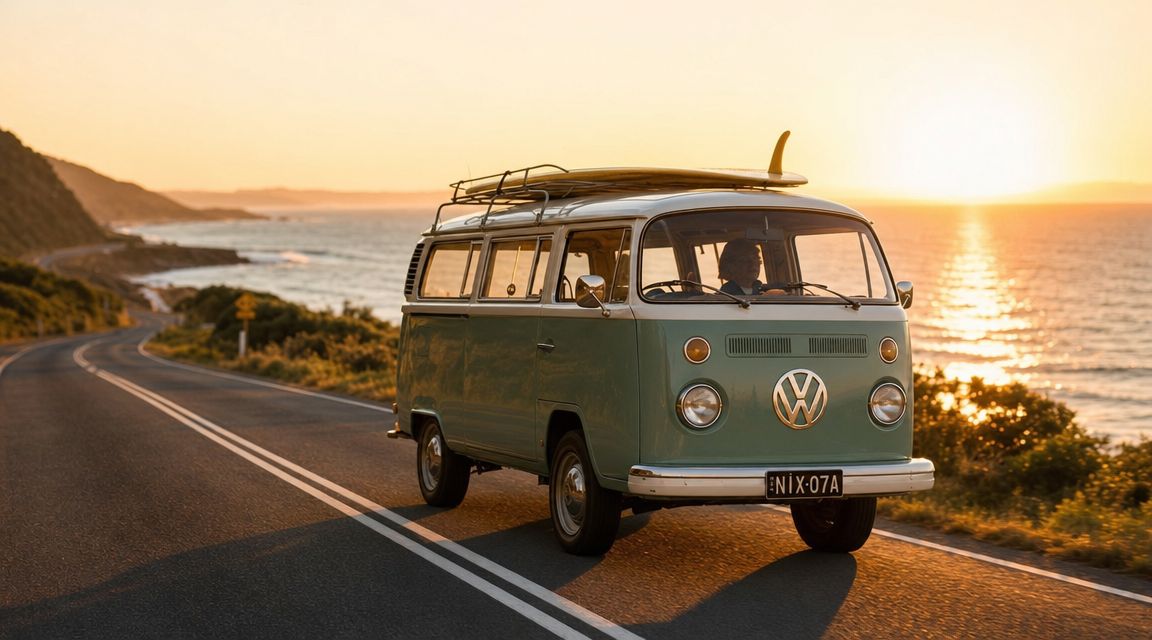 A vintage green Volkswagen camper van driving along a scenic coastal road during a beautiful golden sunset.