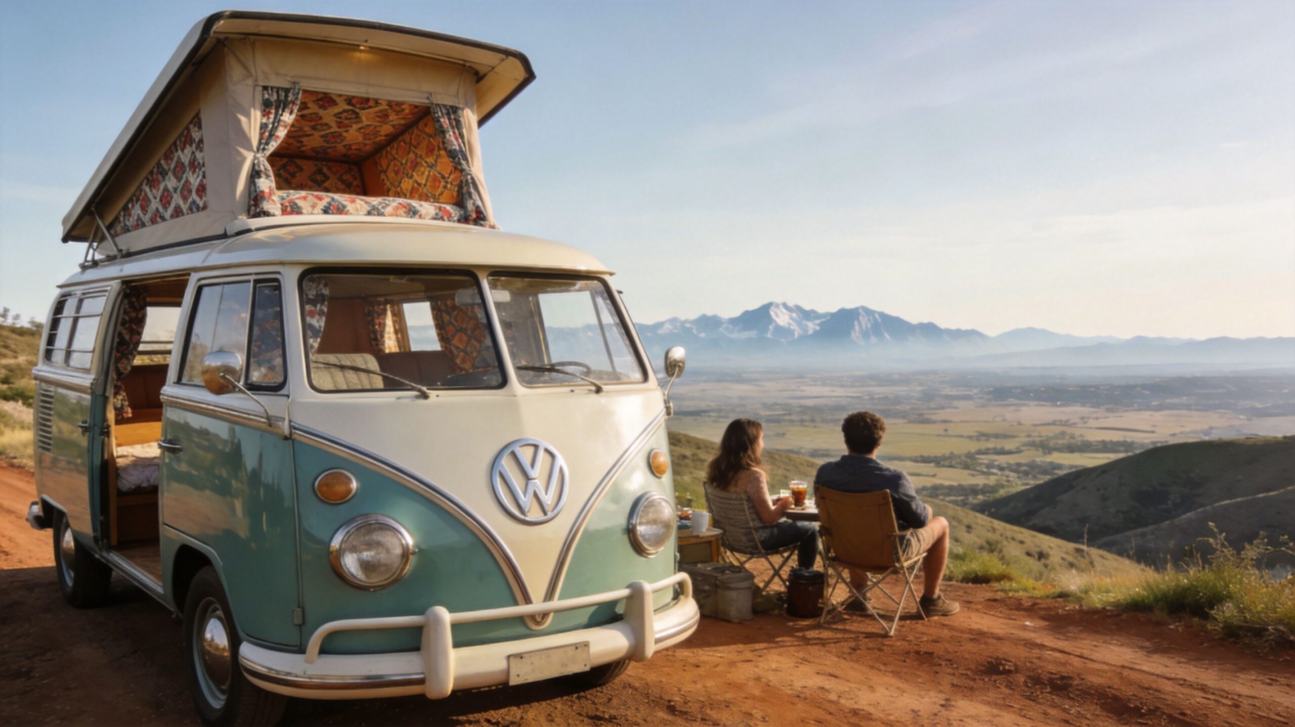 A couple sits on camping chairs next to a teal and white Volkswagen camper van overlooking mountains.