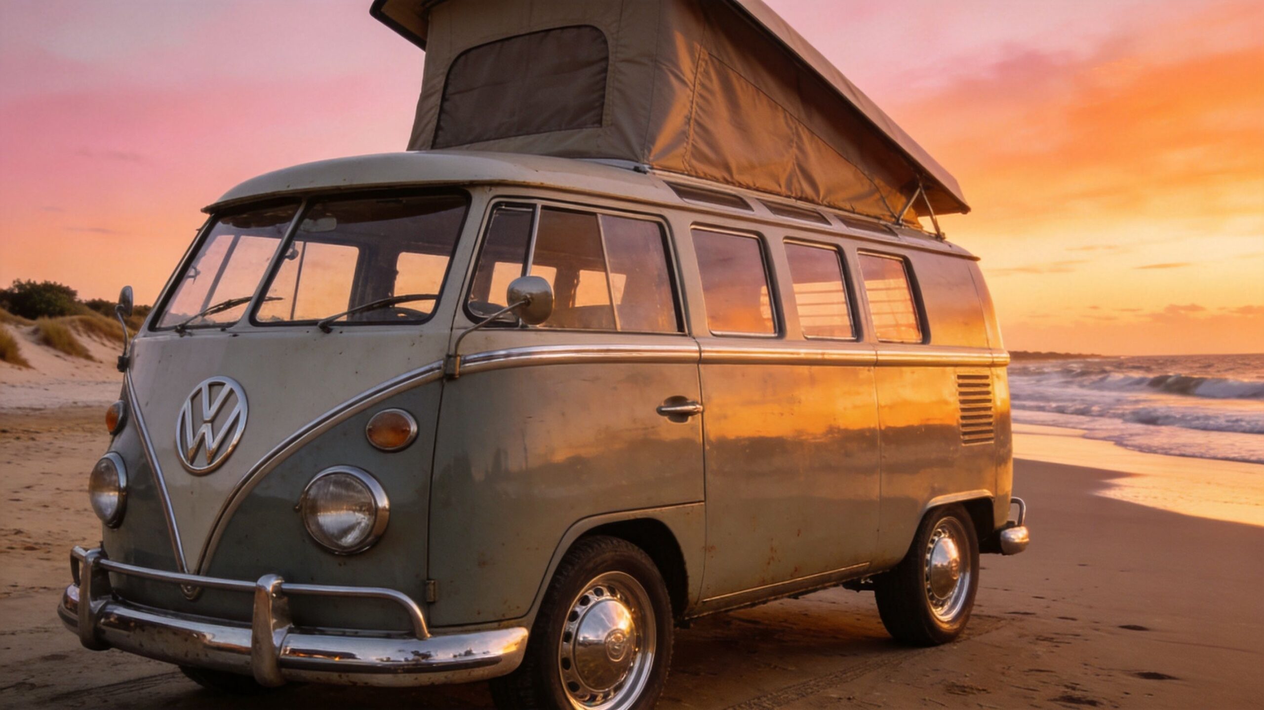 A vintage Volkswagen camper van with a pop top roof parked on a sandy beach at sunset.