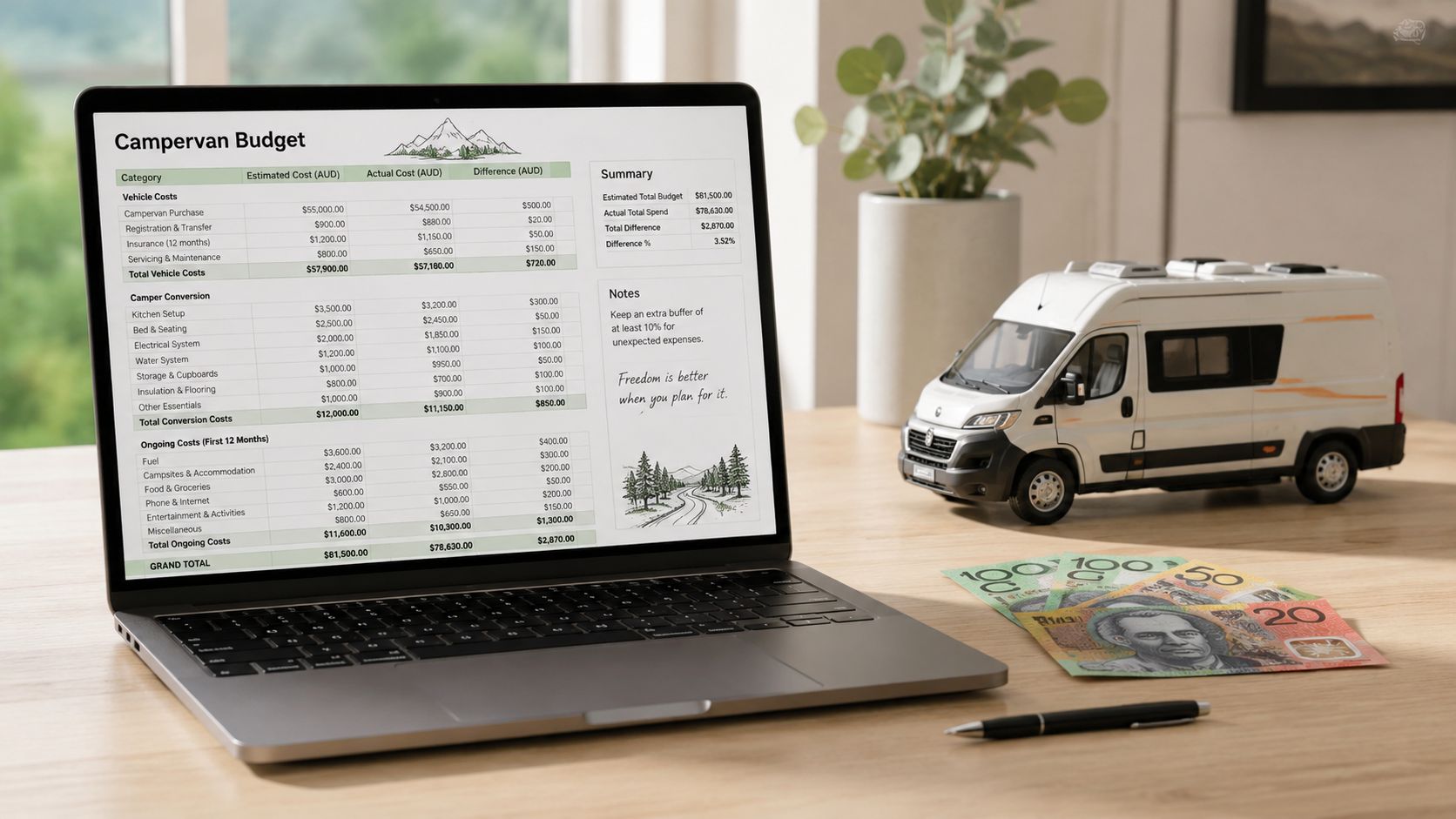 A laptop screen displaying a detailed campervan budget spreadsheet with a toy van and Australian currency nearby.