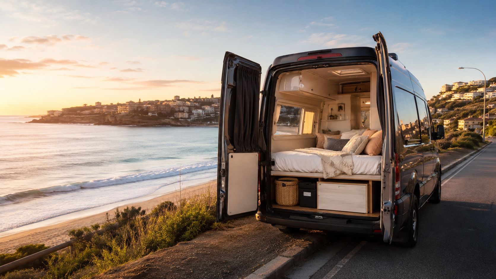 A modern campervan parked by the coast in Sydney with the rear doors open showing a bedroom.