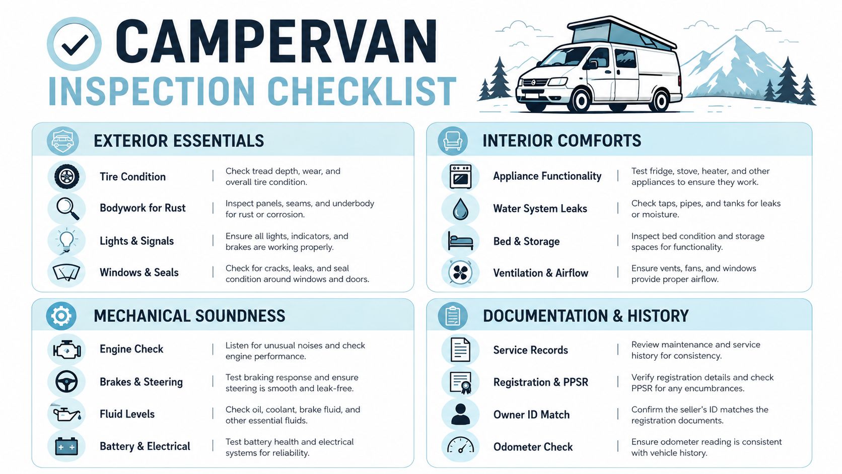 A comprehensive campervan inspection checklist covering exterior, interior, mechanical, and documentation aspects for prospective buyers.
