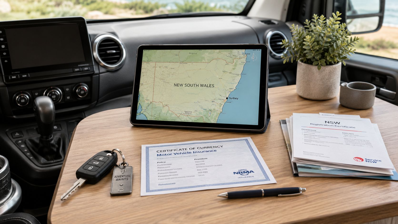 A modern campervan interior featuring a tablet map of New South Wales, insurance documents, and car keys.