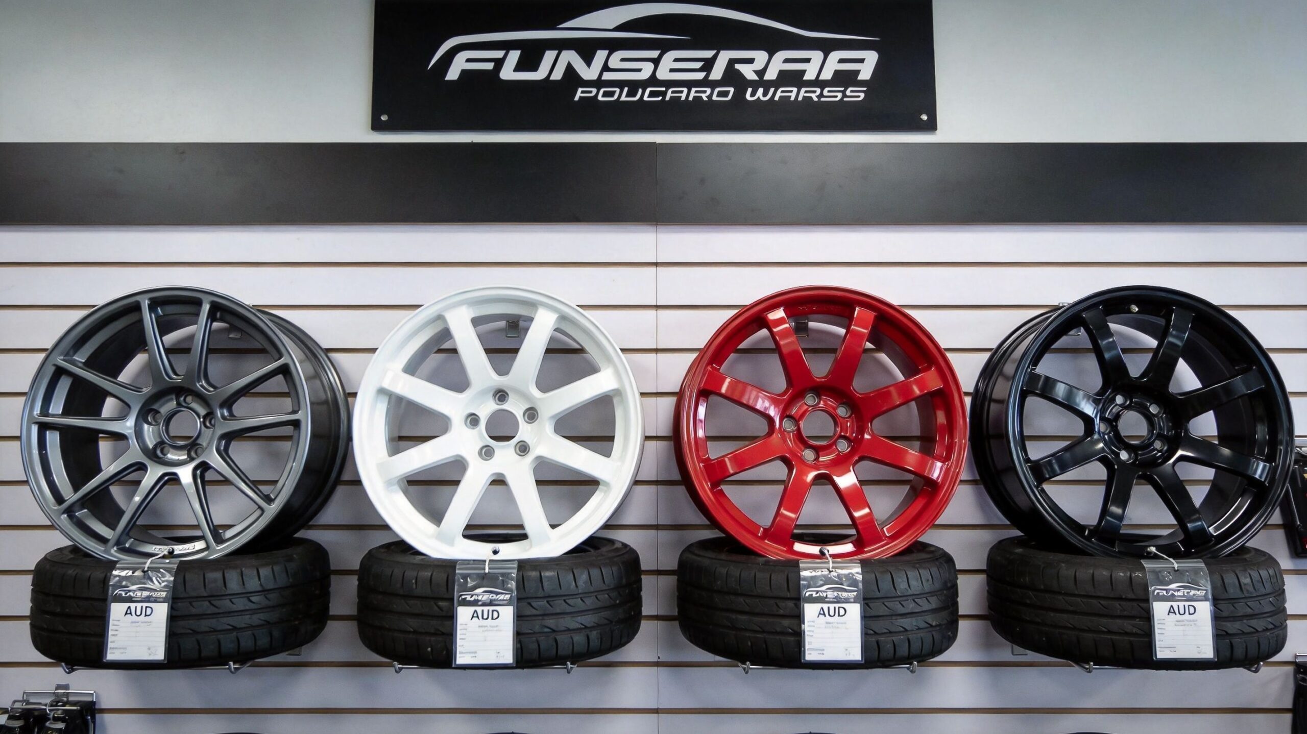 A wall display in a workshop showcasing four different colored car rims mounted on black tires.