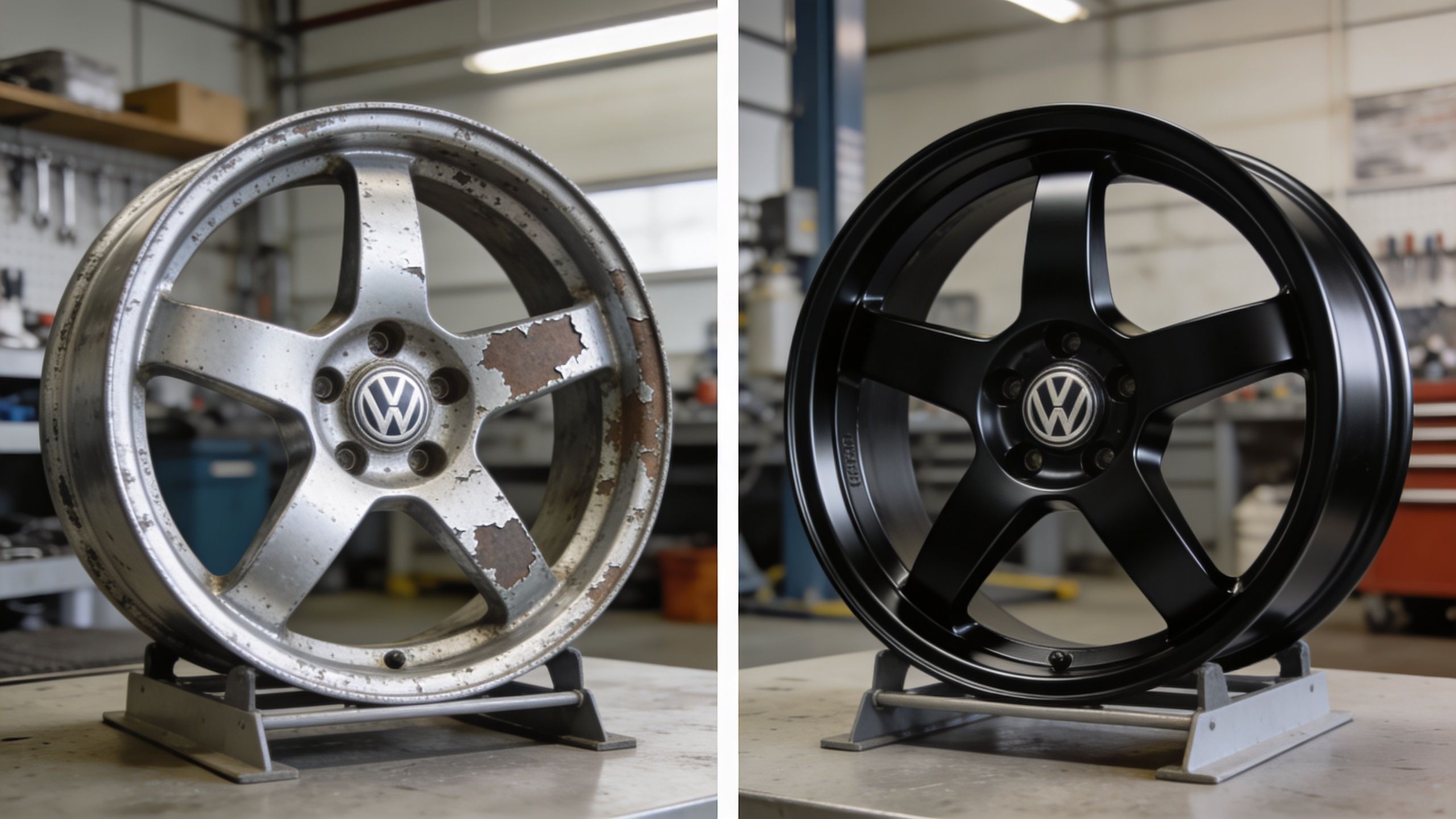 A side-by-side comparison of a Volkswagen car rim before and after professional powder coating restoration.