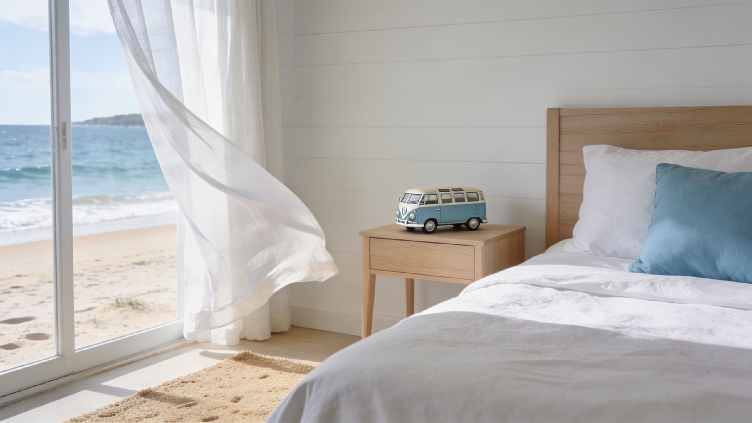 A minimalist bedroom featuring a wooden bed and nightstand with a toy van overlooking the beach.