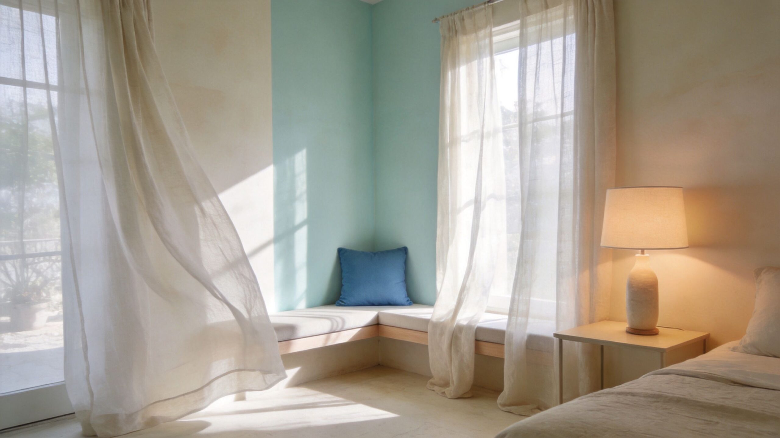 A serene bedroom corner with a built-in window seat, blue pillow, flowing curtains, and a soft table lamp.