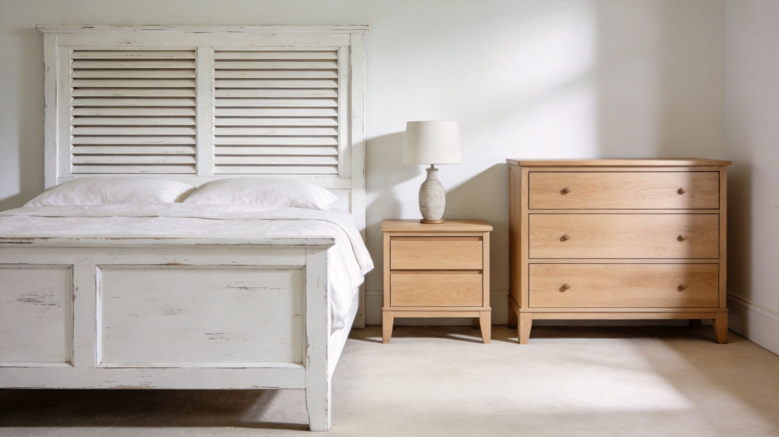 A distressed white shutter-style wooden bed frame next to light oak bedside table and chest of drawers.