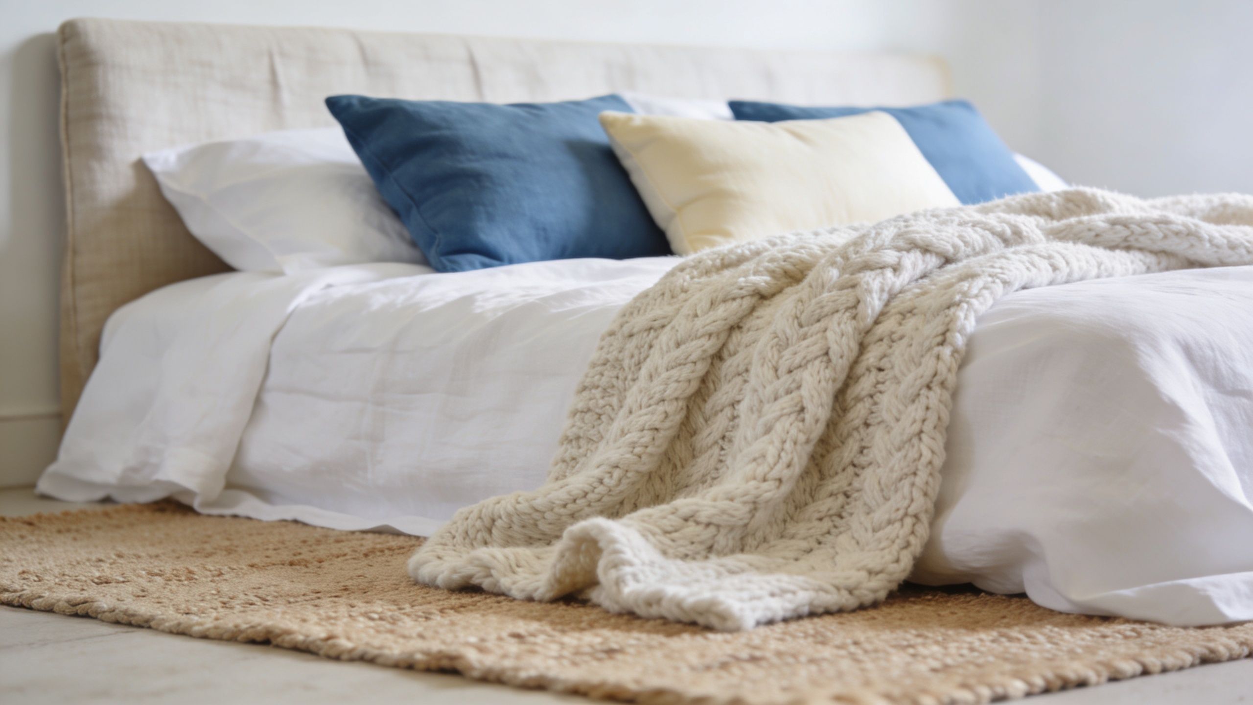 A cozy bedroom with a white linen bedspread, a thick cable-knit blanket, and coastal-inspired blue pillows.