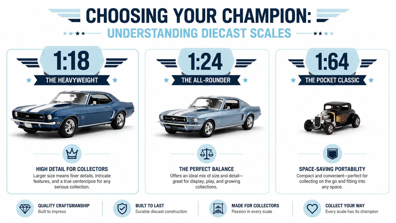 An infographic titled Choosing Your Champion showing three diecast car model scales: 1:18, 1:24, and 1:64.