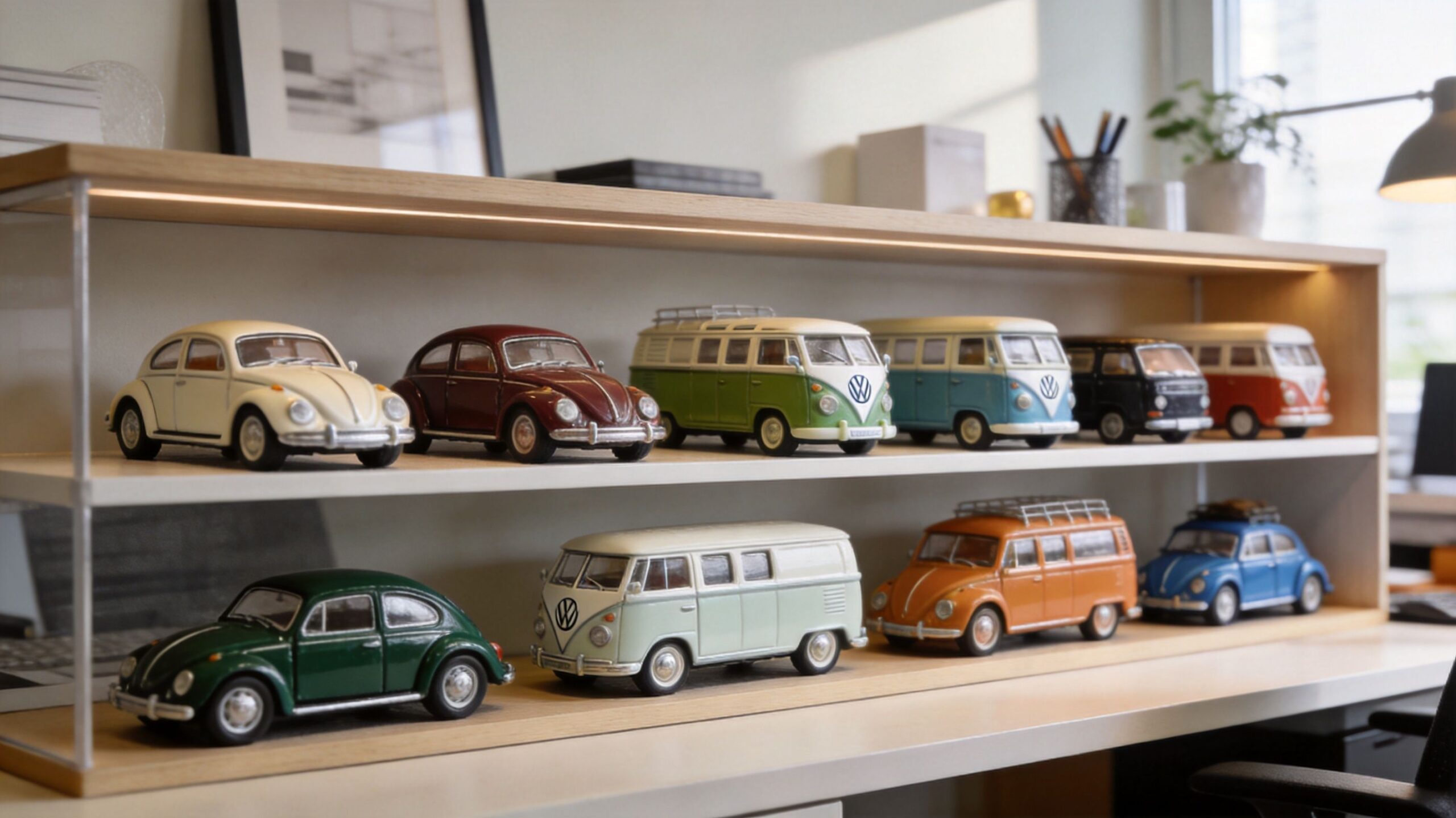 A wooden shelf holding a collection of vintage Volkswagen Beetle and van toy models in an office.
