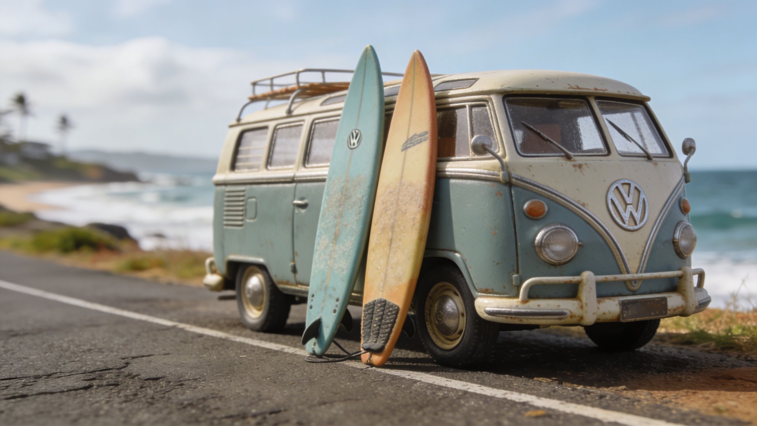 A classic vintage Volkswagen van parked on a coastal road next to two surfboards, overlooking the ocean.