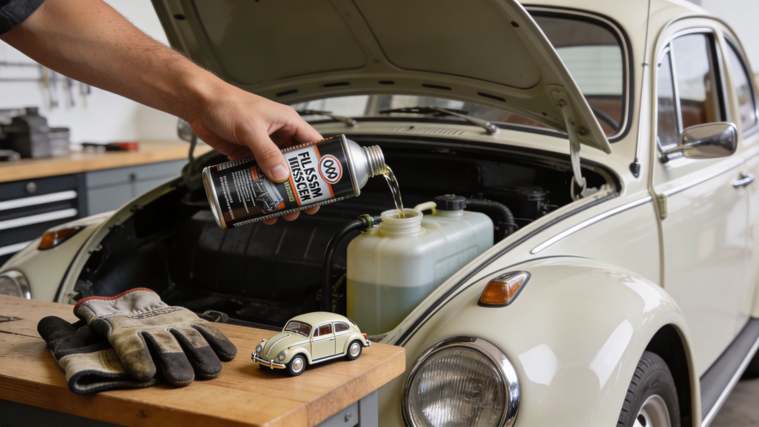 A person pouring fuel system cleaner into a vintage beige Volkswagen Beetle during routine engine maintenance.