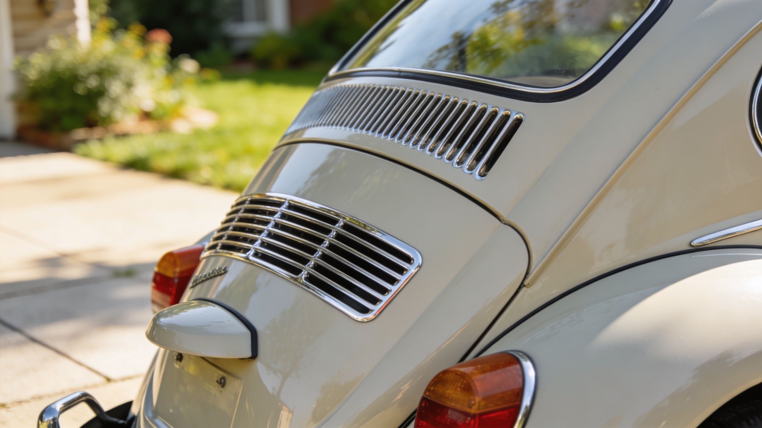 A close-up view of the rear engine air vents and taillights of a vintage beige Volkswagen Beetle.