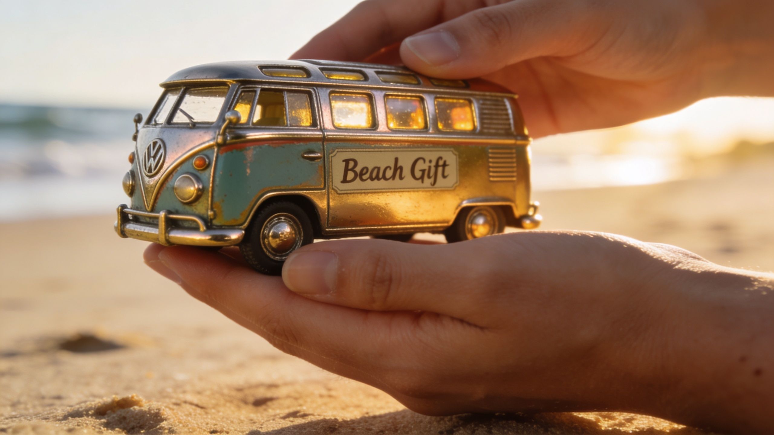 A pair of hands gently holding a small vintage Volkswagen camper van toy on a sandy beach.