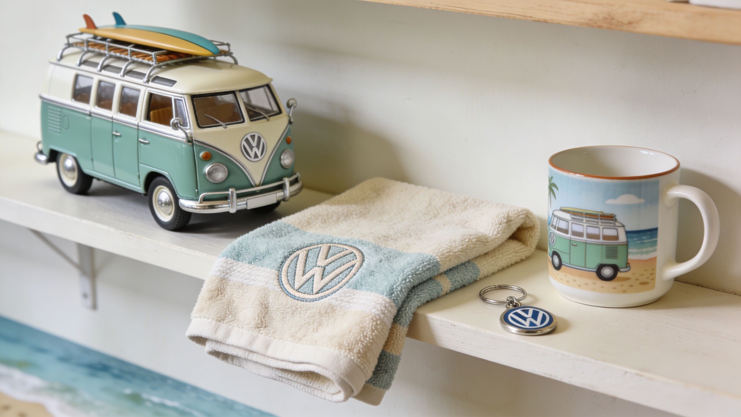 A Volkswagen camper van toy, a branded towel, and a mug on a shelf for beach themed gifts.