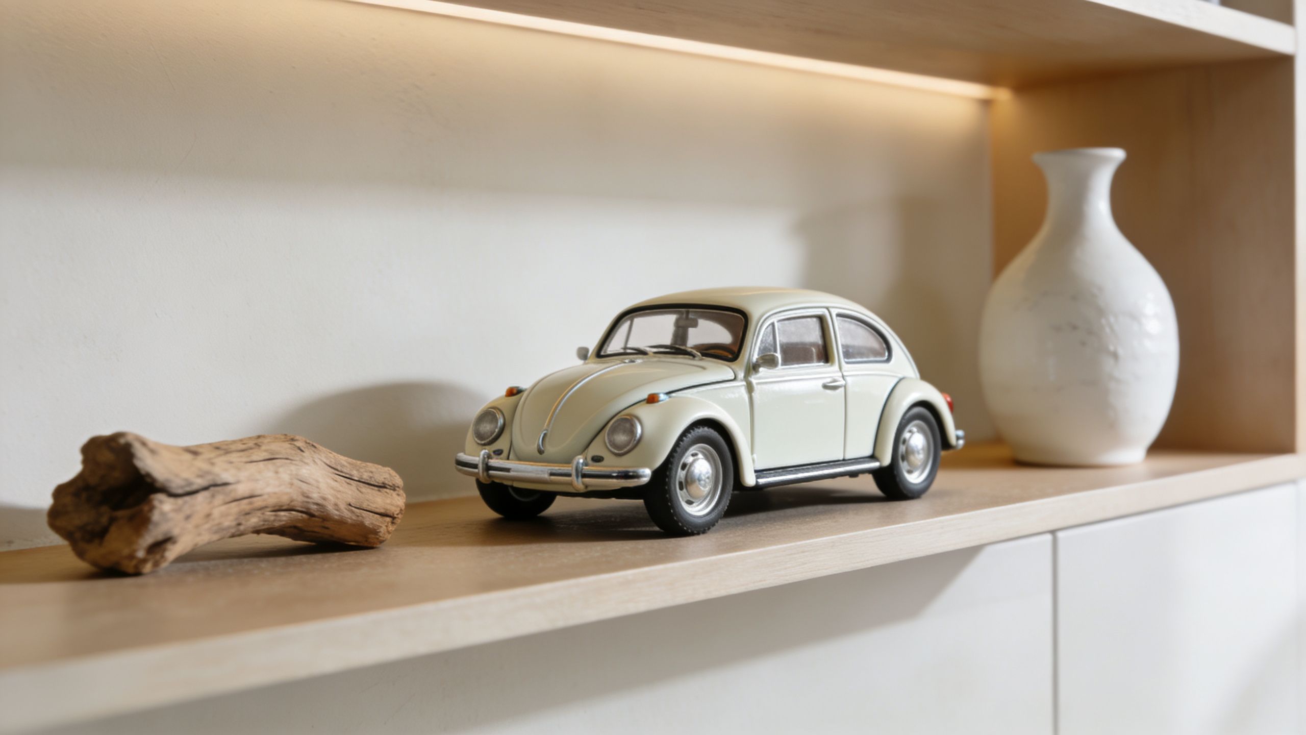 A miniature white vintage Volkswagen Beetle car model sits on a minimalist wooden shelf next to a decorative vase.