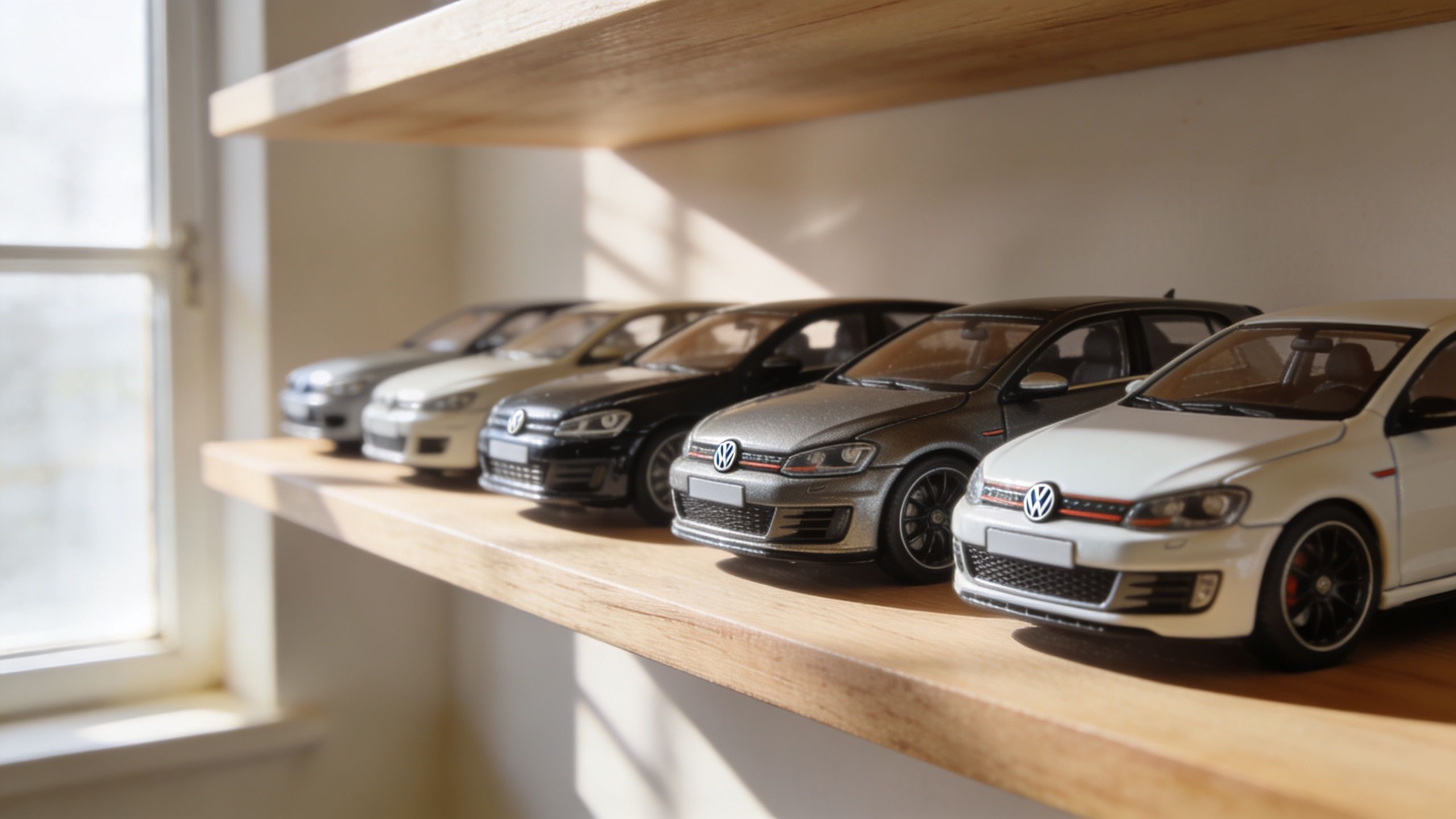 A collection of five Volkswagen model cars displayed in a neat row on a wooden shelf.