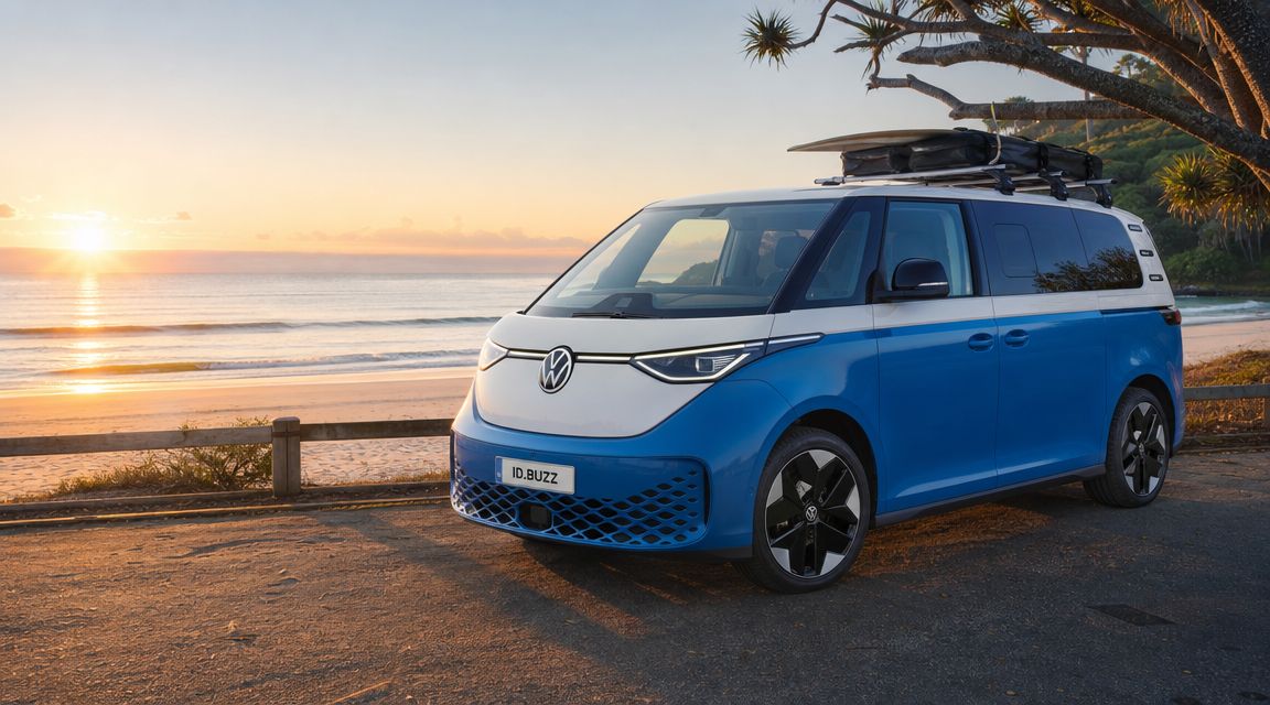 A blue and white Volkswagen ID. Buzz electric van parked near the beach during a beautiful sunset.