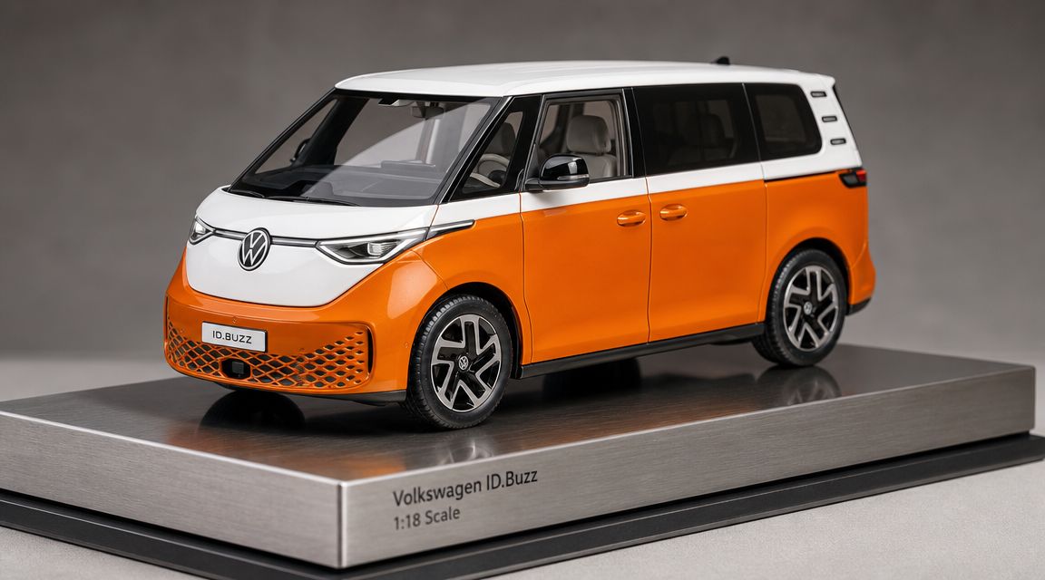 A miniature Volkswagen ID. Buzz model car painted in white and orange displayed on a metal base.