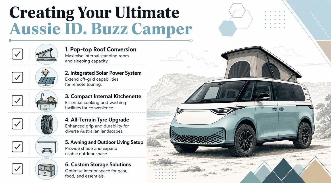 An infographic illustrating six essential modifications for creating an ultimate Volkswagen ID. Buzz camper vehicle for touring.