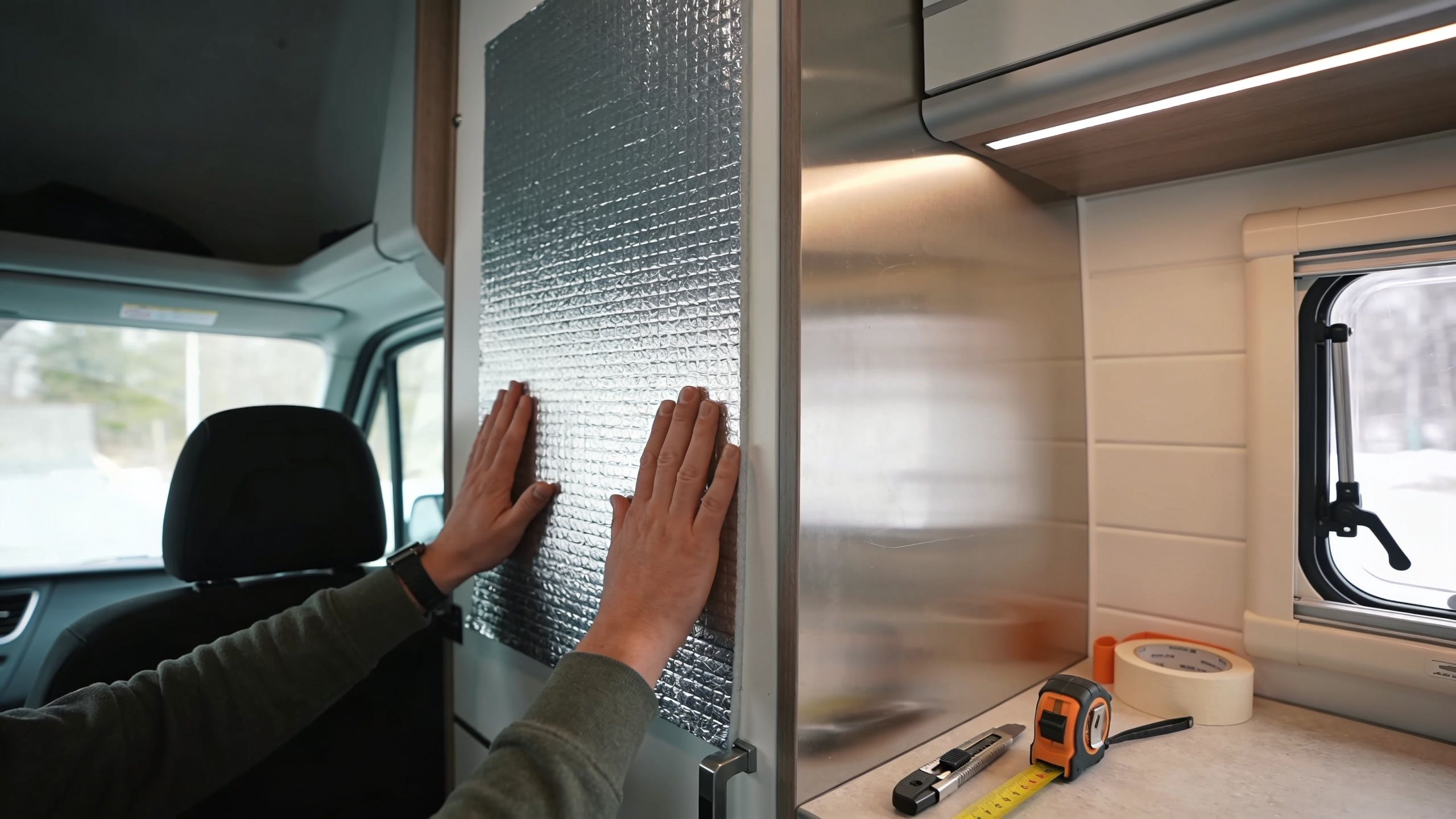 A person installs reflective foil insulation onto a camper van interior wall next to a kitchen counter.