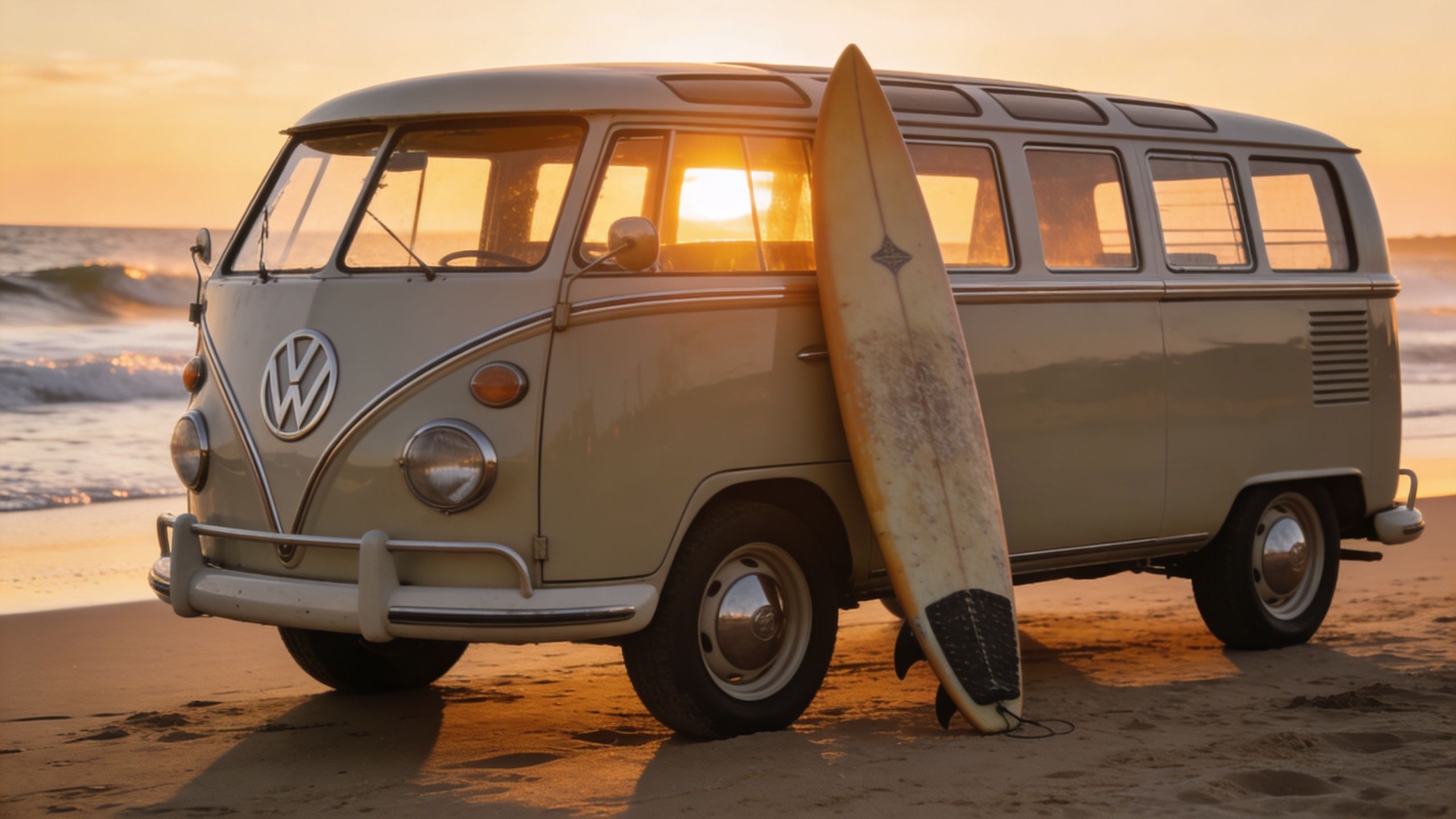 A vintage cream-colored Volkswagen camper van parked on a sandy beach during a beautiful golden sunset.