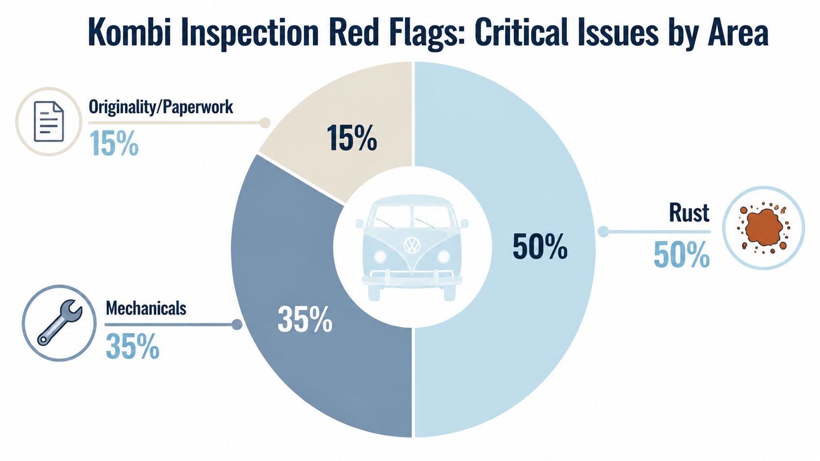 A pie chart showing critical inspection red flags for a Kombi vehicle, highlighting rust, mechanicals, and documentation issues.