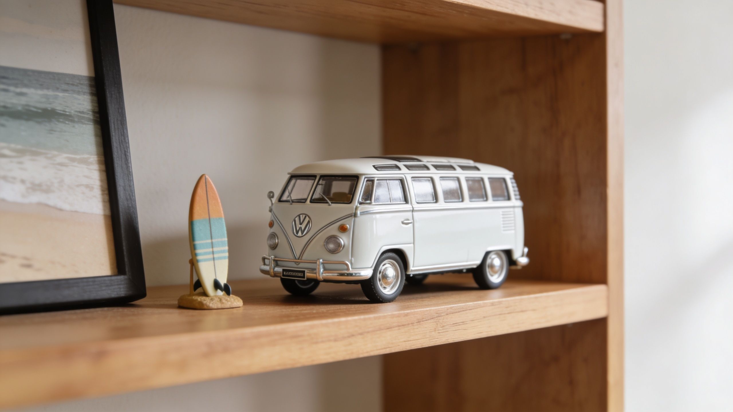 A miniature white vintage Volkswagen bus model parked next to a small surfboard on a wooden shelf.