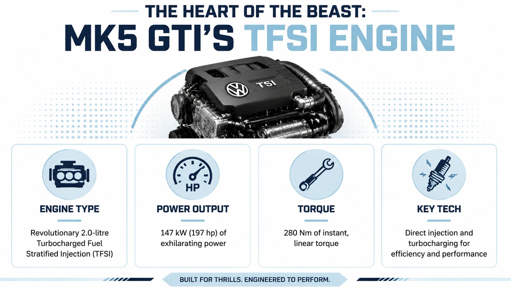 An infographic detailing the technical specifications of the Volkswagen MK5 GTI 2.0-litre TFSI turbocharged engine.