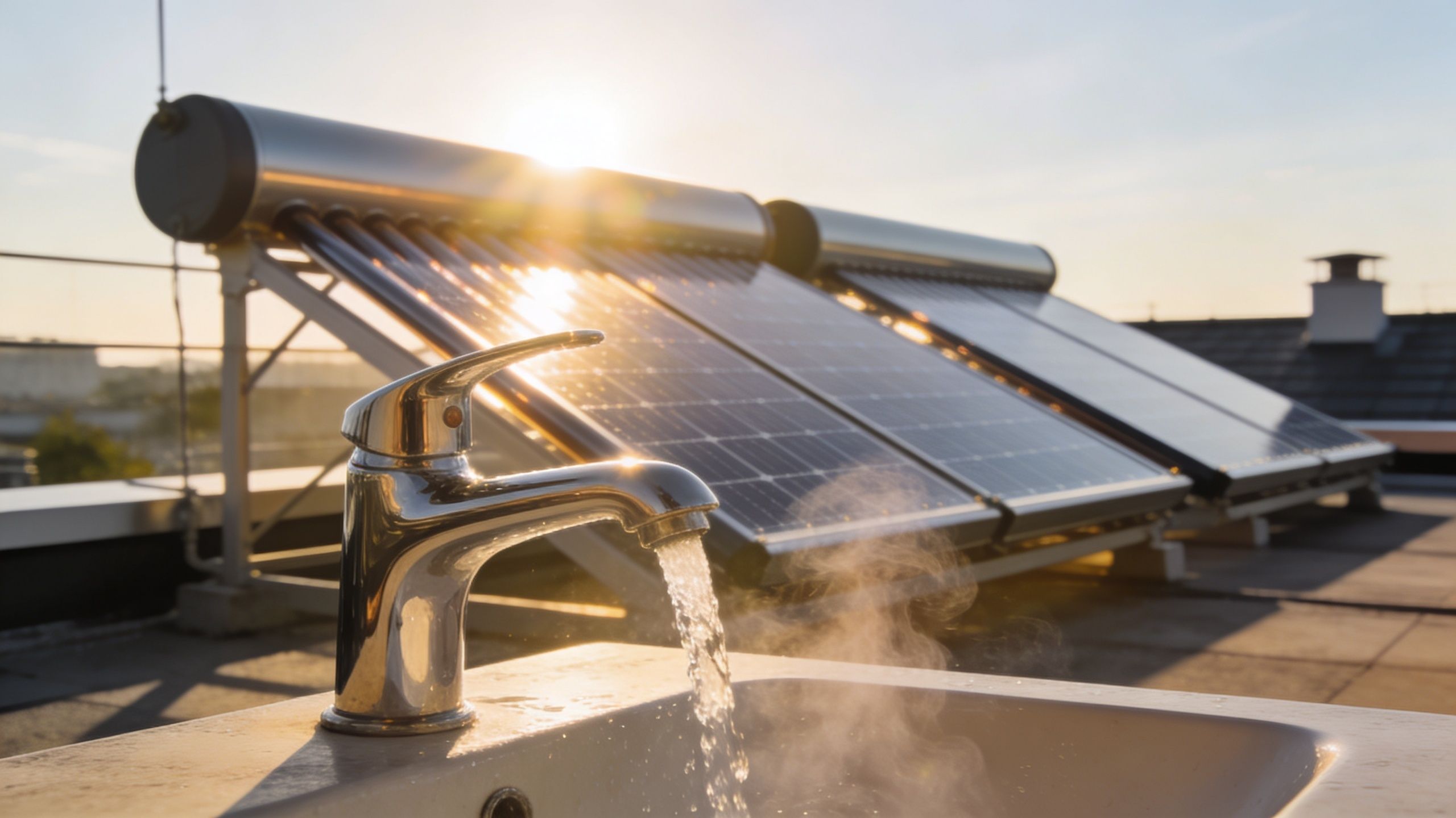 A chrome faucet with steaming hot water flowing, powered by a rooftop solar water heater system.