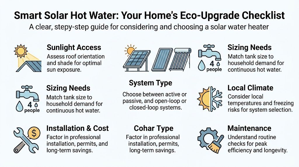 A checklist infographic outlining key factors to consider when choosing a solar hot water system.
