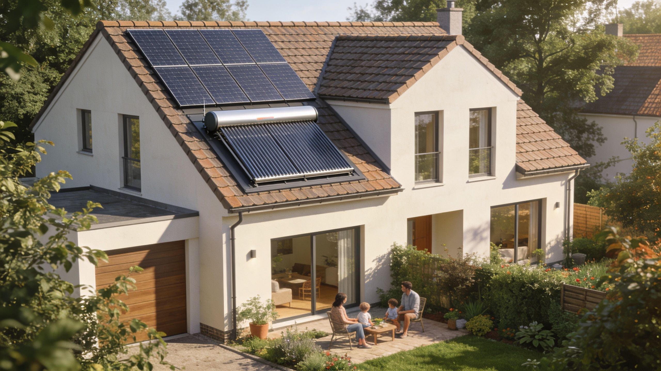 A modern house with solar panels and a solar water heater installed on the roof in a garden.
