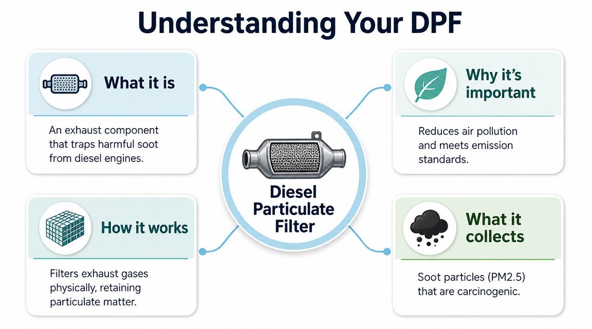 An infographic explaining what a diesel particulate filter is, how it works, why it is important, and what it collects.