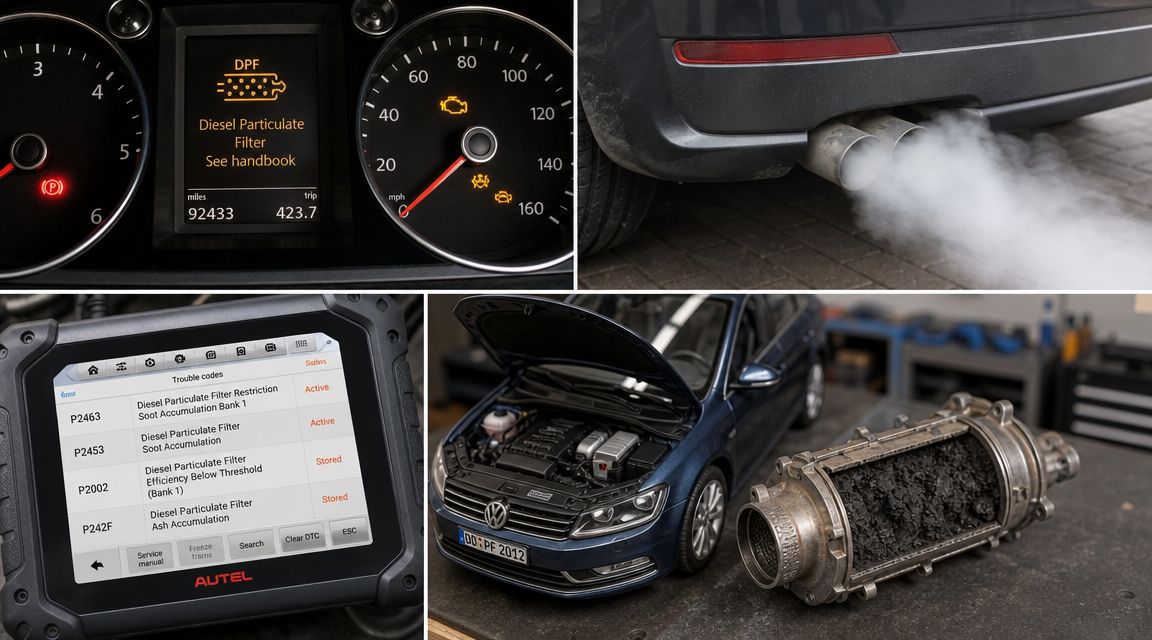 Dashboard showing diesel particulate filter error, exhaust smoke, diagnostic tool data, and a clogged filter component.