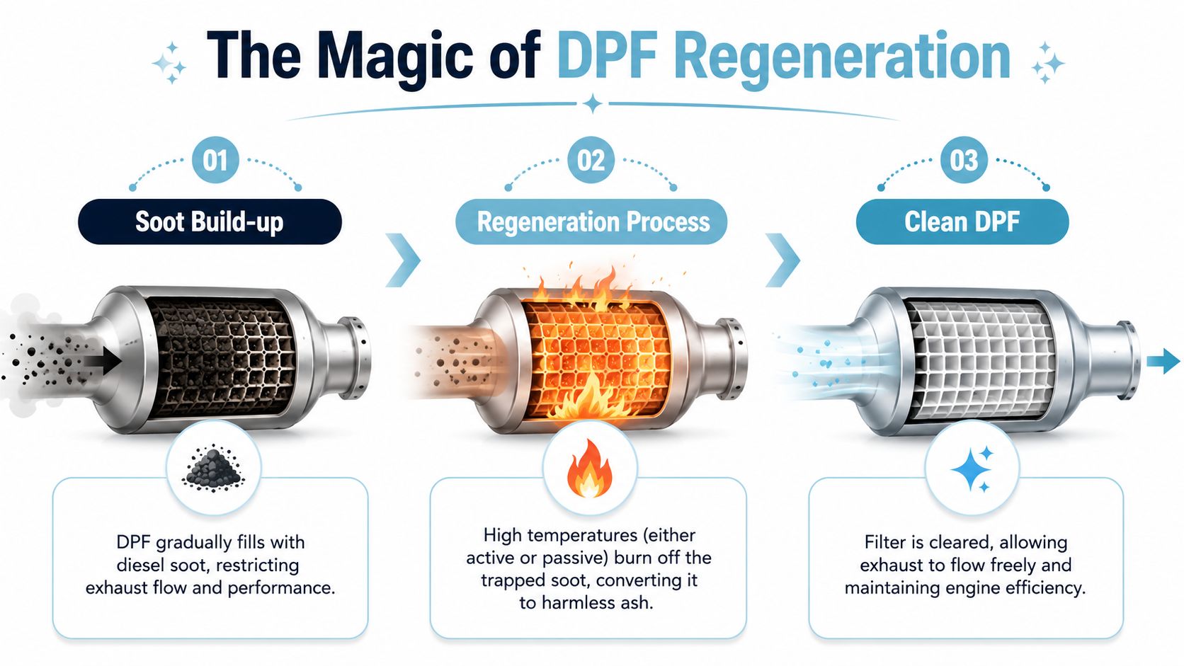 A diagram illustrating the three-stage process of diesel particulate filter regeneration from soot buildup to cleaning.